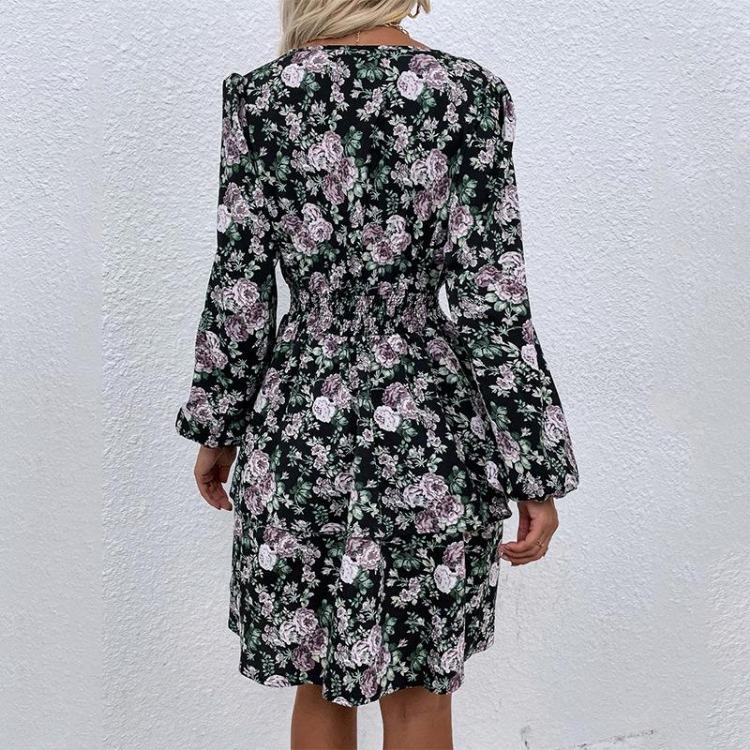 Casual V-Neck Puff Sleeve Floral Print A-Line High Waist Short Dress Women Black S-XL