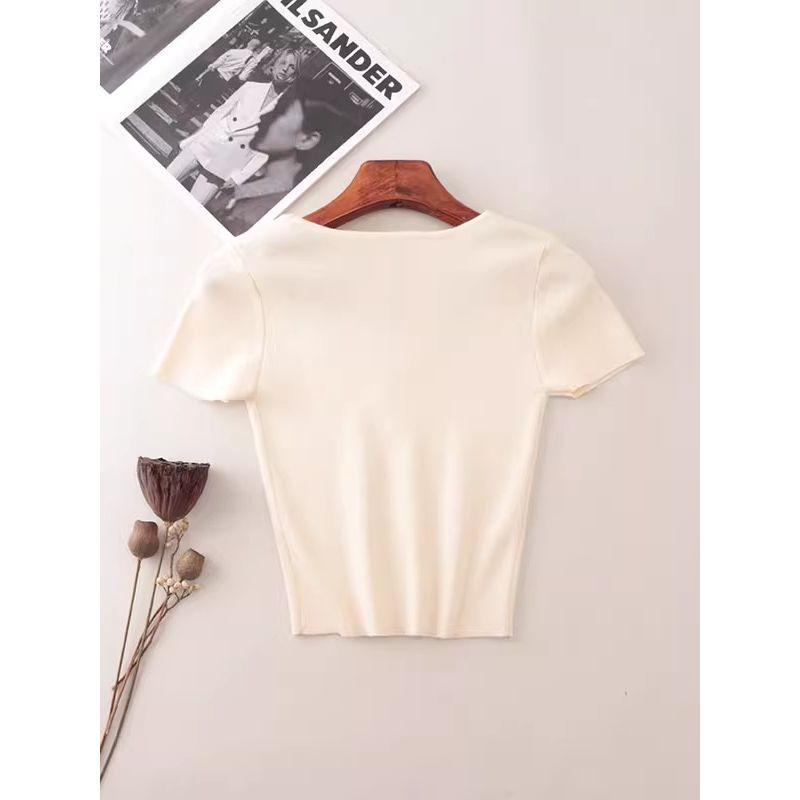 Foreign Trade Original Order Square Collar Summer Short Knit Short sleeve Slim fit Pure Desire Fashion T-shirt