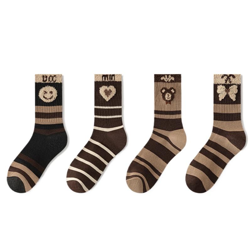 4 Pairs Autumn and Winter New Brown Maillard Socks Women's Light Luxury Style Ins Trendy Socks Love Bear Warm Raw Edge