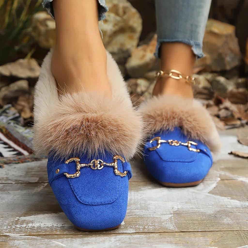 Fluffy Loafers with Decorative Buckles, Warm and Cozy for Winter, Easy Slip-On Flat Shoes for Women