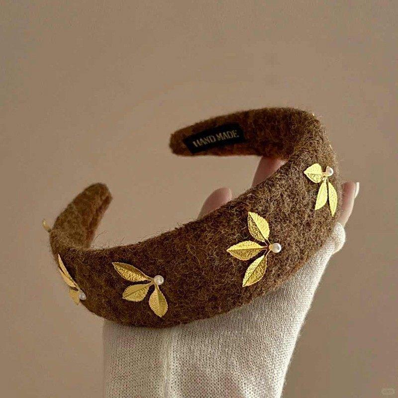 Luxurious Autumn/Winter Pearl Leaf Flocked Fabric Headband