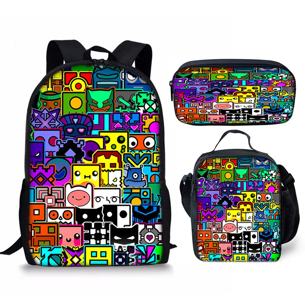 Hip Hop Popular Funny Geometry Dash 3D Print 3pcs/Set pupil School Bags Laptop Daypack Backpack Crossbody Lunch bag Pencil Case