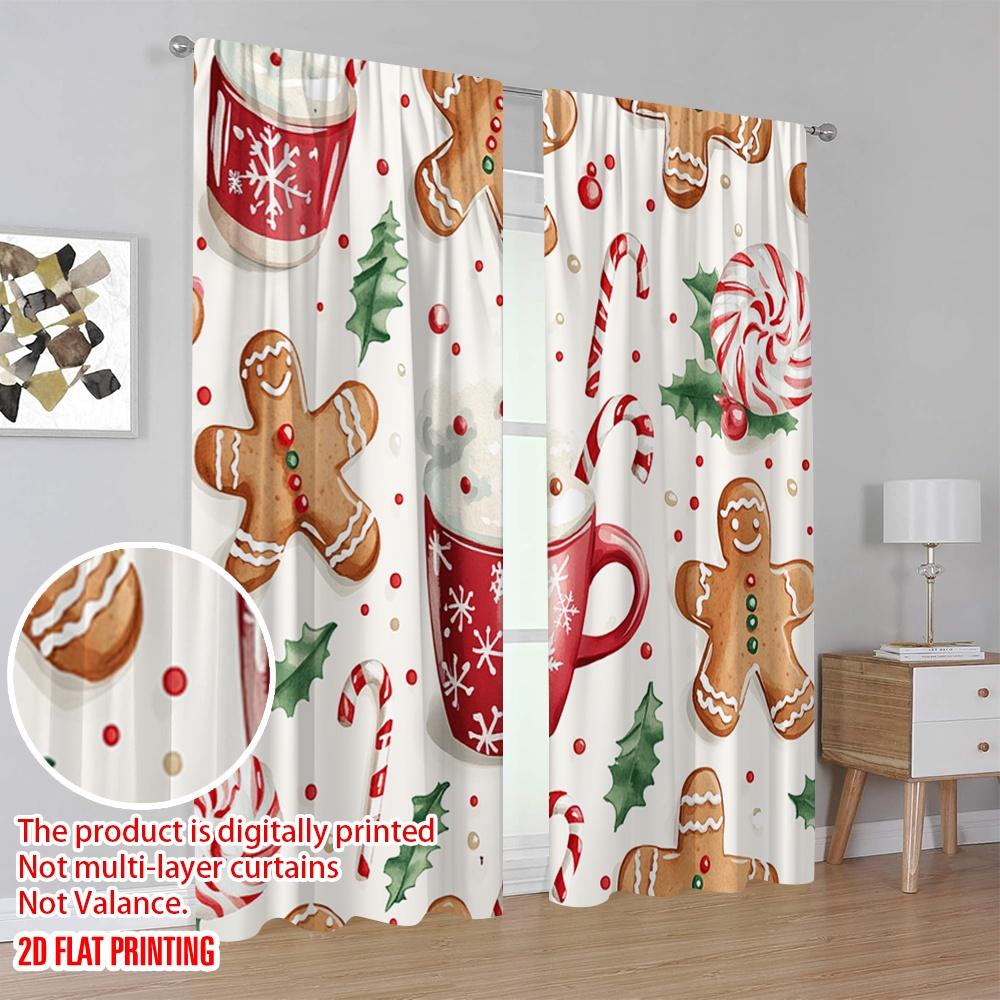 2pcs,2D Plane Printing Window Curtain Christmas Treats Hot Chocolate Gingerbread Durable 100% Polyester Fabric (without Rod)