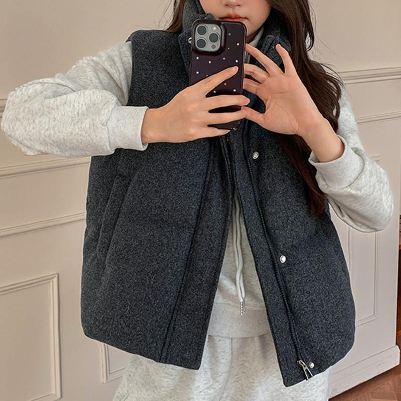 Short Down Cotton Vest Women Autumn Winter New Korean Fashion Sleeveless Stand Collar Zipper Vest Jacket Black Gray Waistcoat