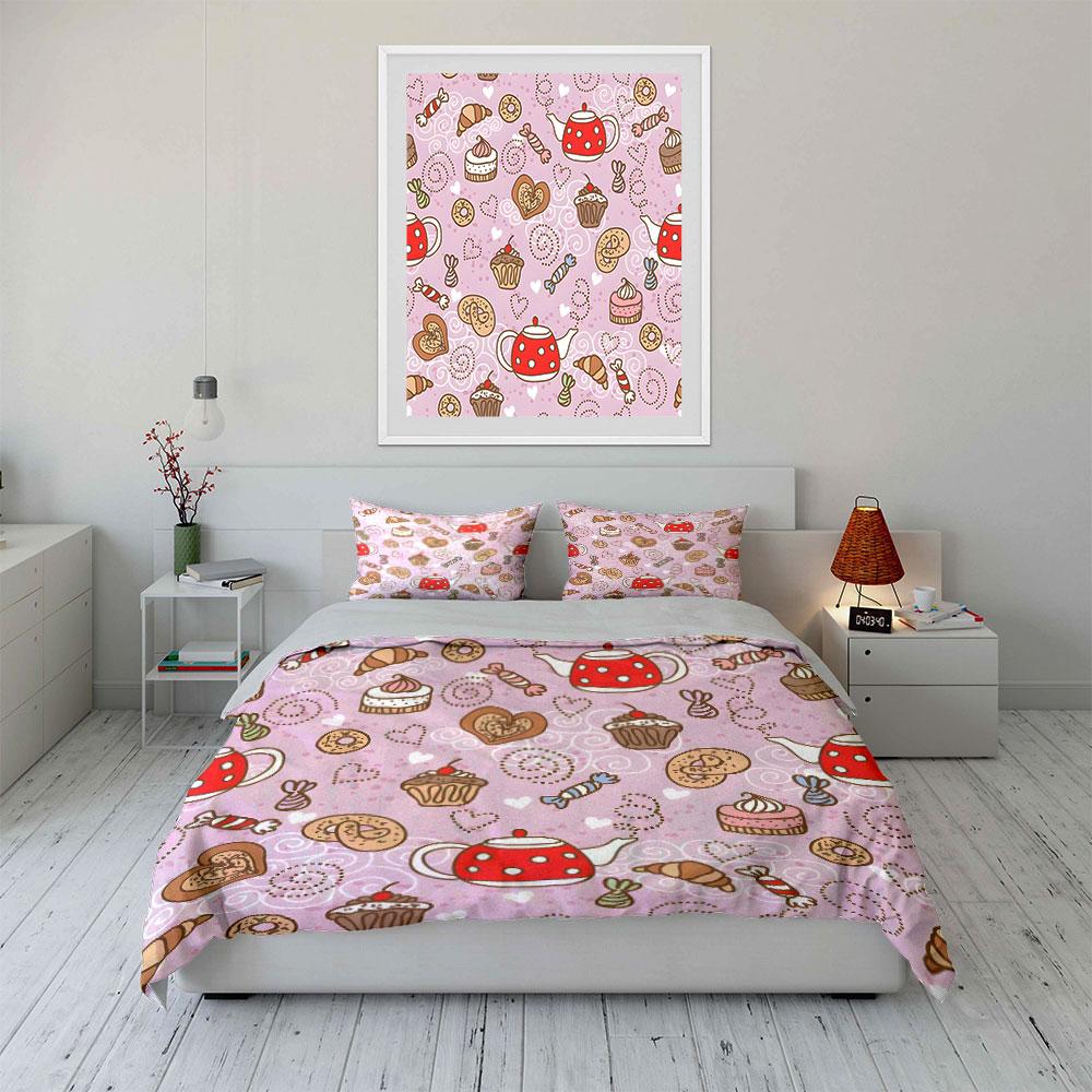 Tea and Sweets Pink Pattern Bedding Duvet Cover Set (1*Duvet Cover 2*Pillowcases, Without Duvet Insert)