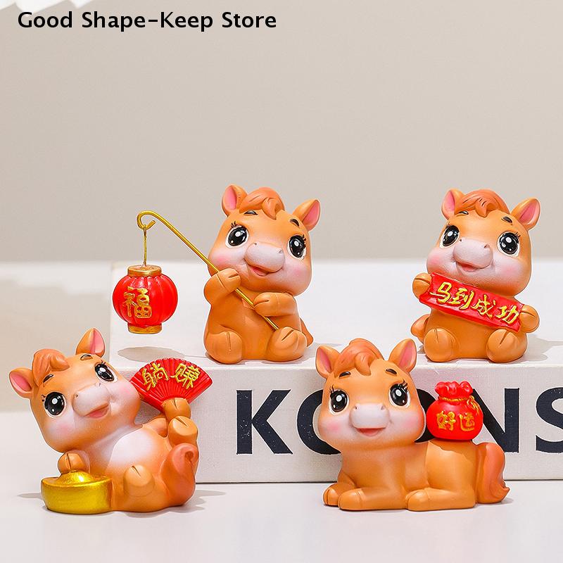 Adorable Fortune Horse Statue Cartoon Resin Pony Figurines New Year Talismans Home Office Tabletop Decor Ideal Presents