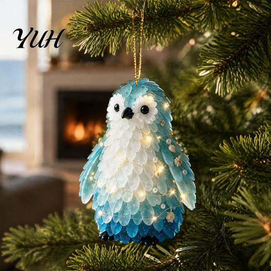 Acrylic Christmas Tree Ornaments Blue Glass House Hanging Ornament, Double Side Special Animal Theme Printed Decor Pendant, Festive Holiday