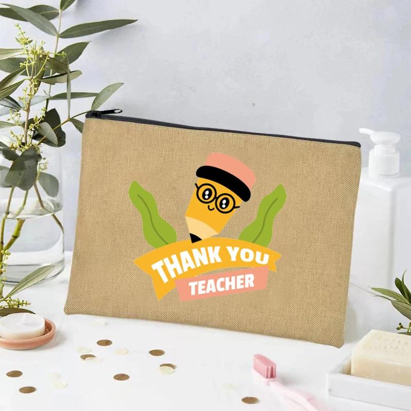Thank You Teacher Print Linen Toiletry Bag Organizer Perfume Lipstick Cosmetic Bag Office Supplies Pencil Bag Teacher's Day Gift