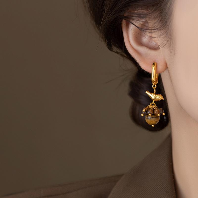 Gold-Plated Tiger Eye Bird Ear Cuffs: Vintage Y2K Style Earrings for Women