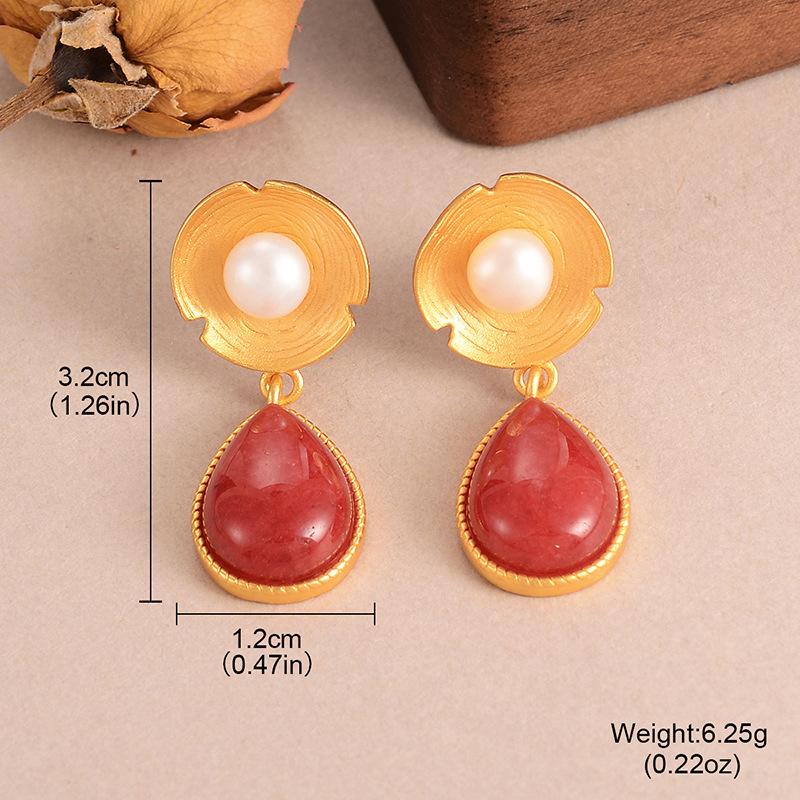 Natural stone tassel water drop earrings, court style retro personality niche retro French stud earrings, premium feeling earrings