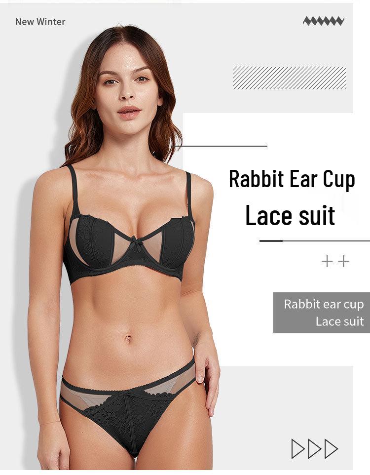 French Lace Push-Up Bra & Bunny Ears Underwear Set for Women - Enhances Large Busts, Summer Lingerie