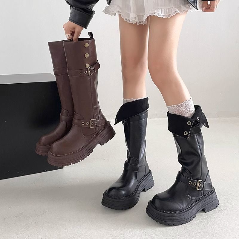 But knee boots women's 2025 autumn and winter new fashion knight boots retro platform versatile fashion Martin boots