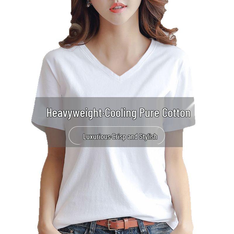 Heavyweight Cool-Touch Women's V-Neck T-Shirt, 100% Cotton, New Summer 2025, Solid Color Trendy Short Sleeve Top.