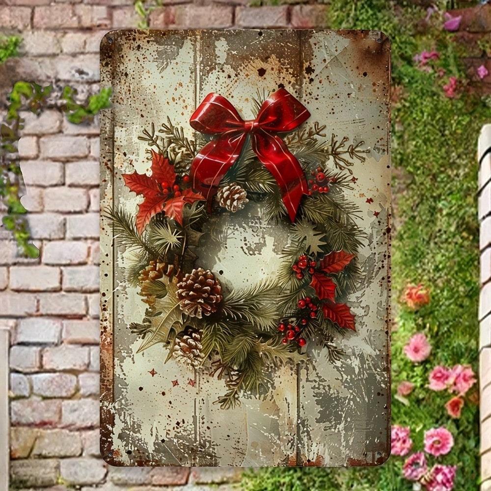 Vintage Metal Tin Sign Retro Christmas Wreath Wall Decor Home Kitchen Bar Gift
