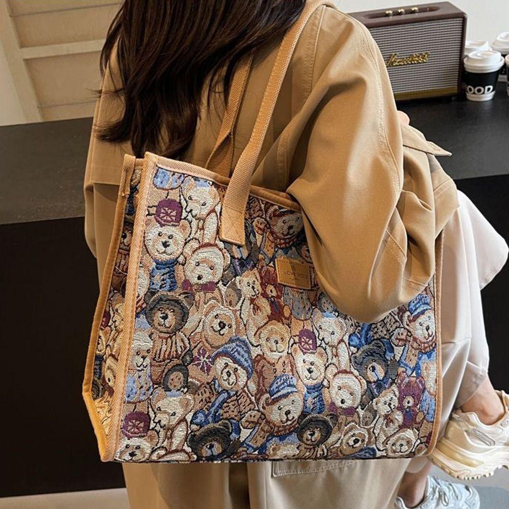 Convenient Portable Handbag Casual Cartoon Bear Embroidered Shoulder Bag Large Capacity Tote Bag