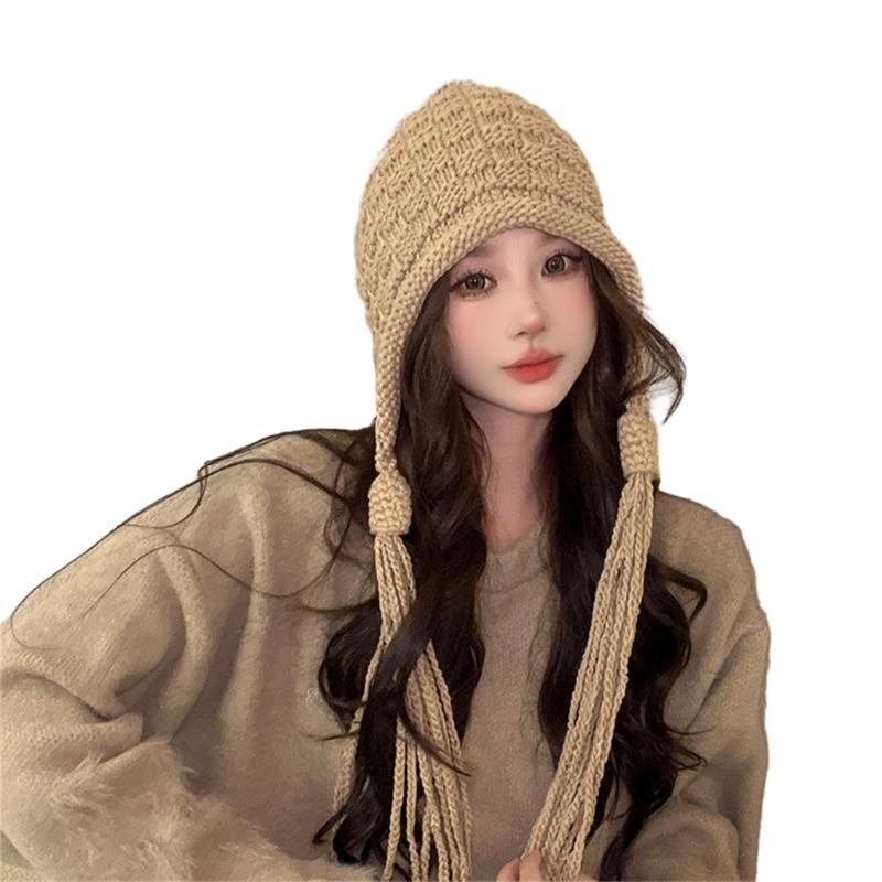 Handmade Fringed Braids Hat Y2K Sweet Girl Warm Beanie Hat InsStyle Bonnet Winter Autumn Skull Hat Pullover Earflap Hat