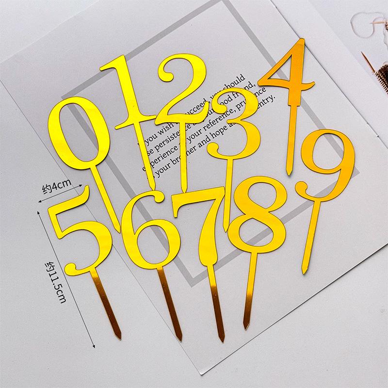 Number 0 To 9 Happy Birthday Cake Topper Decoration Gold Acrylic Cake Flag For Anniversary Wedding Party Cake Topper Baby Shower
