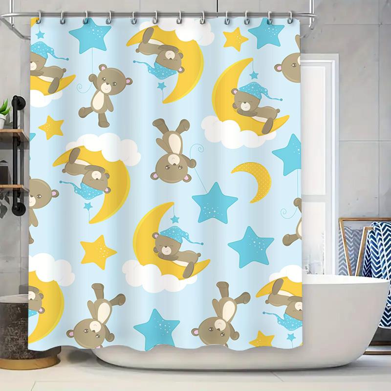 

Blue Dream Kids Shower Curtain Set Teddy Bears Sleep On Clouds Stars With Moon Design For Bathroom Decor In Pastel Colors W60H190(CM)-1 Pcs