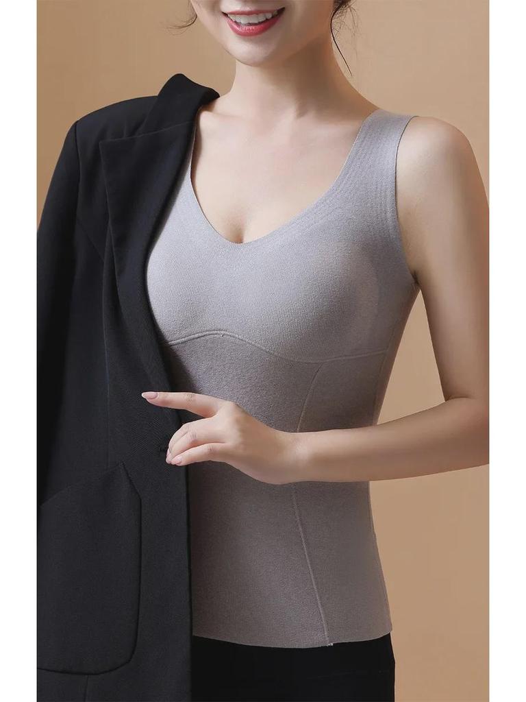 2023 Women's Autumn/Winter Seamless Warm Vest with Built-in Chest Pad, Velvet Heating, and Body Shaping Wool Bottoming Shirt