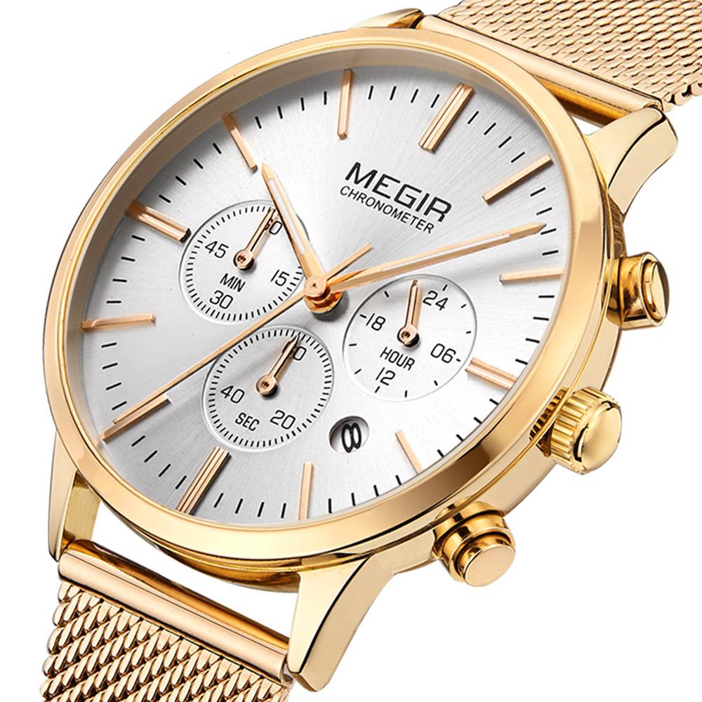 Megir Women's Chronograph Luminous Hands Date Indicator Quartz Wrist Watches Lady Rose Gold M2011L-1