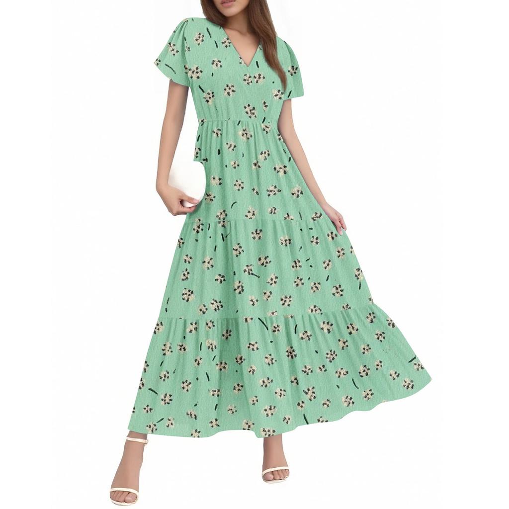 Ladies Summer Casual Fashion V-Neck Ruffle Sleeve Floral Print Midi Dress