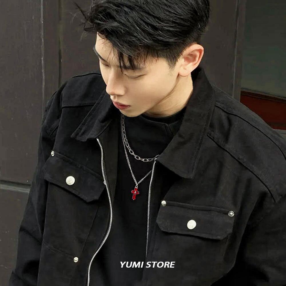 Titanium Steel Bright Red Cross Necklace for Man Trend Double-layer Collarbone Choker Male Pendant Kpop Gift Wholesale