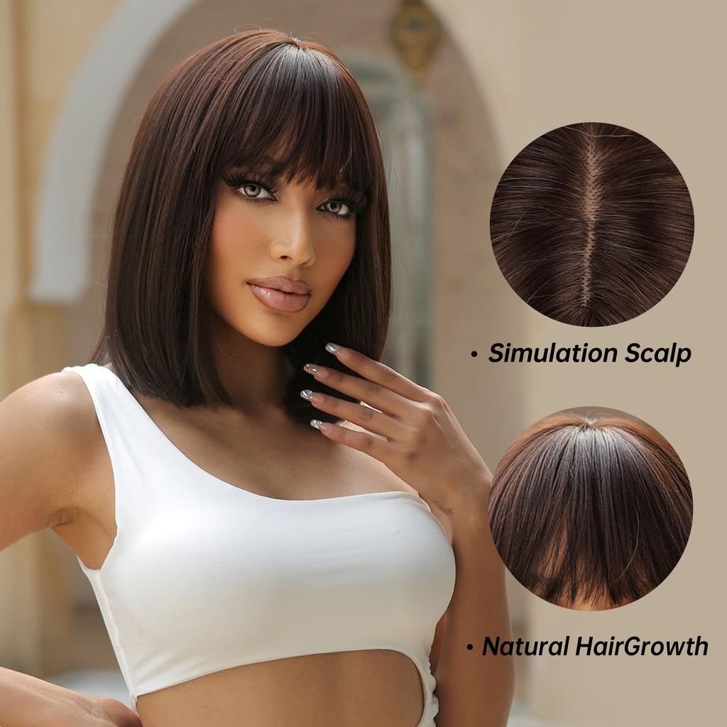 Dark Brown Short Bob Synthetic Hair Wigs with Bangs Straight Cosplay Lolita Natural Wig for Women Afro Blunt Cut Heat Resistant