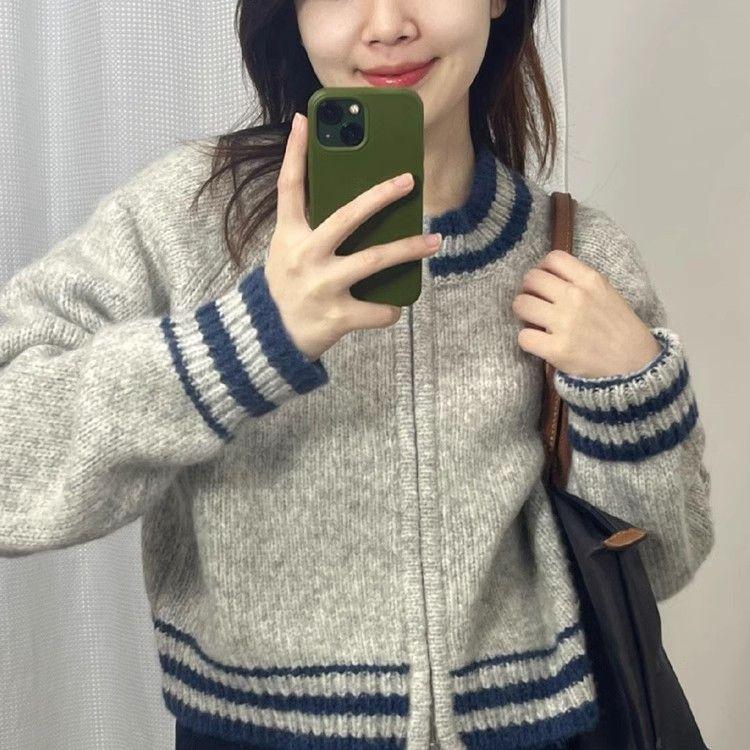 Women's Short Loose Crew Neck Cardigan Sweater Autumn & Winter Versatile Lazy Knit Stripe Zipper Jacket Top