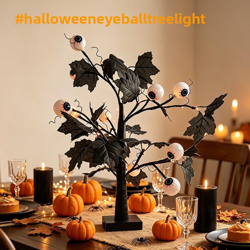 1Pcs 60cm Halloween LED Table Tree Light Black Spooky Tree Lamp Pumpkin Eyeball Ornament for Indoor Party Bedroom Tabletop Decor