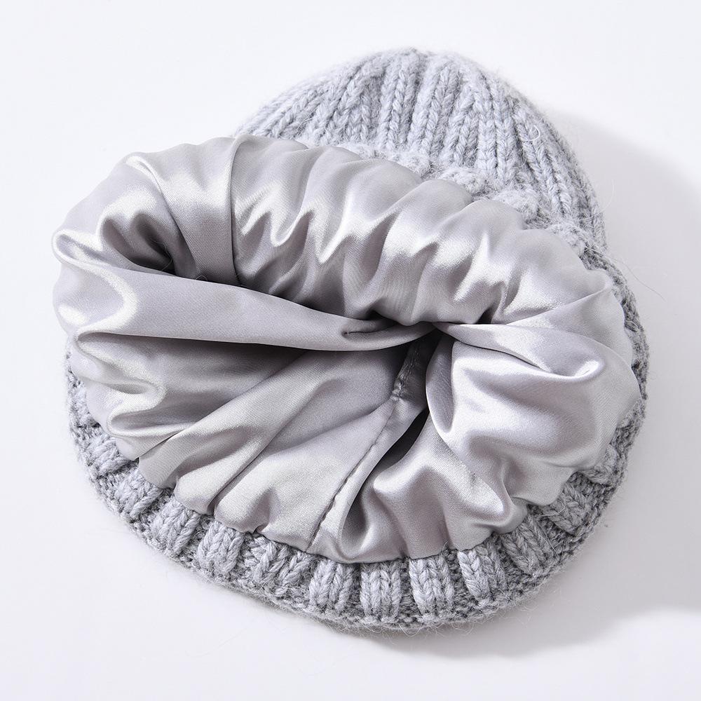 Versatile series children's rabbit velvet knitted hat solid color lined outdoor satin lined wool hat, source