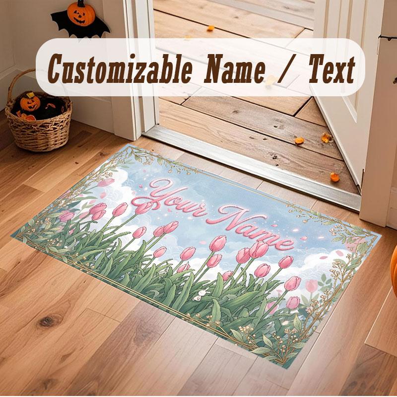 Floral Garden Theme Crystal Velvet Floor Rug Personalized Custom Name Text Warm Carpet Home Decoration