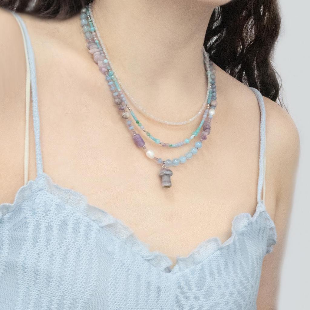 Pendentif Champignon en Lépidolite Pierre Naturelle Taro Lavande Chaîne de Clavicule - Style Jardin Monet Coréen