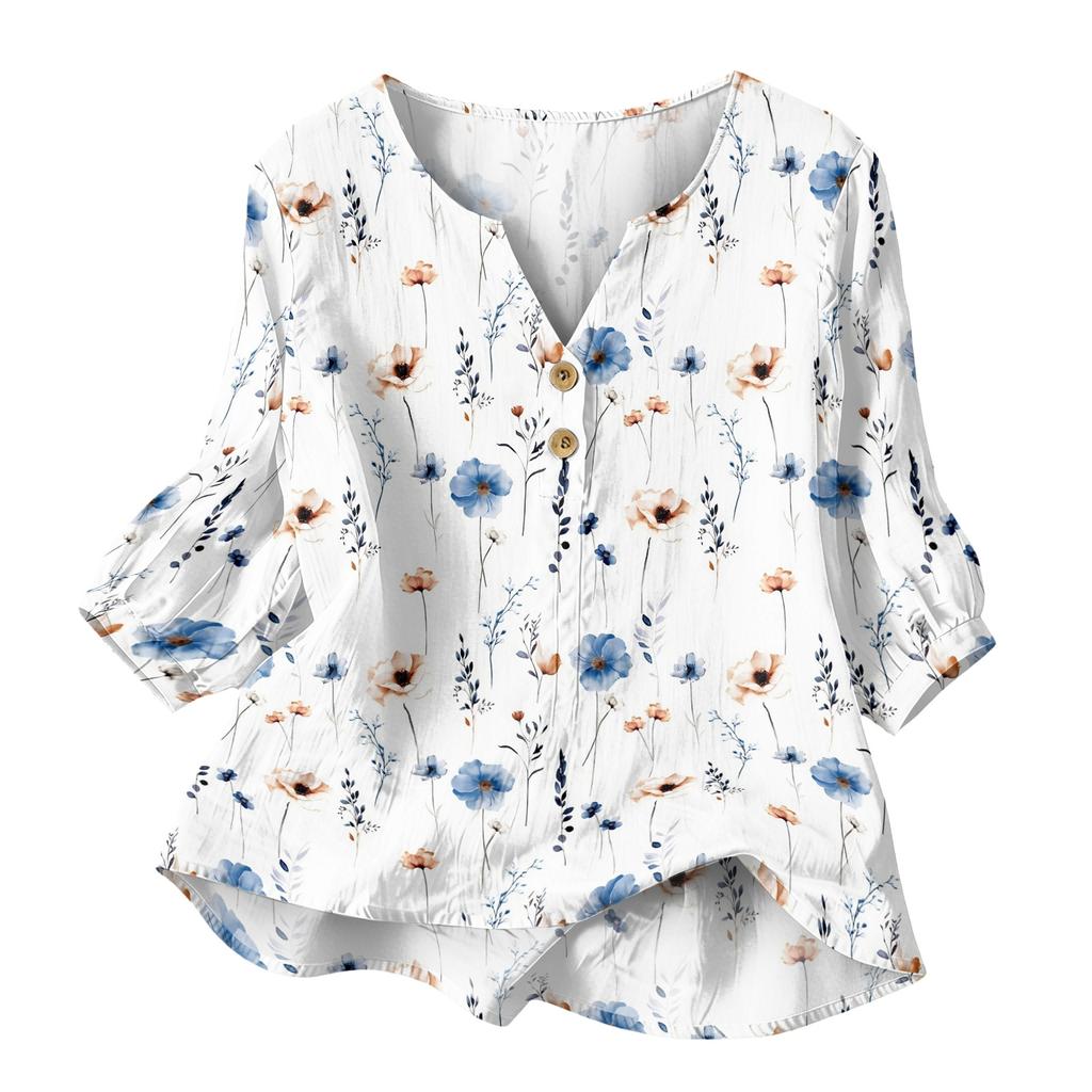 Women's Floral Print Henley Button Neck Shirt 3/4 Sleeve Lightweight Cotton Linen Blouse Casual Loose Fit Top for Everyday Wear