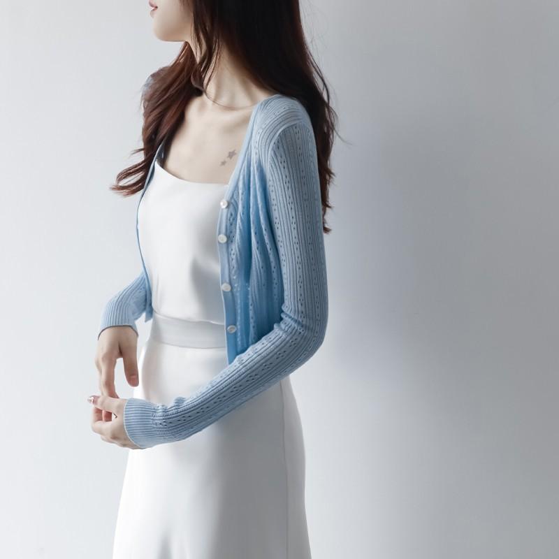 

Французский стиль - Hollow - Out Ice - Шелковый трикотажный кардиган для женщин Тонкий летний солнцезащитный платок Кондиционер Кардиган Женская одежда L