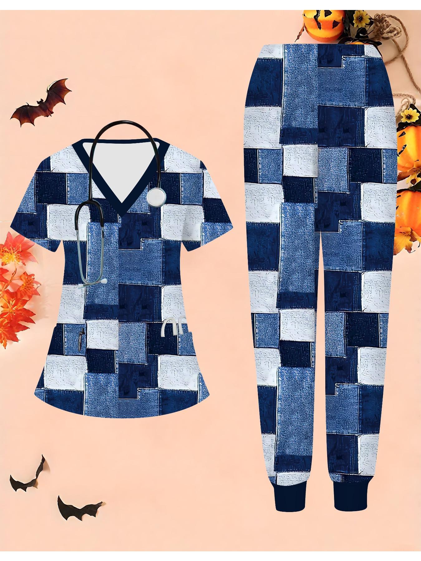 

Женский комплект медсестры с 3D геометрическим принтом, короткий рукав, длинные брюки с карманом, повседневный модный рождественский подарок XXL белый