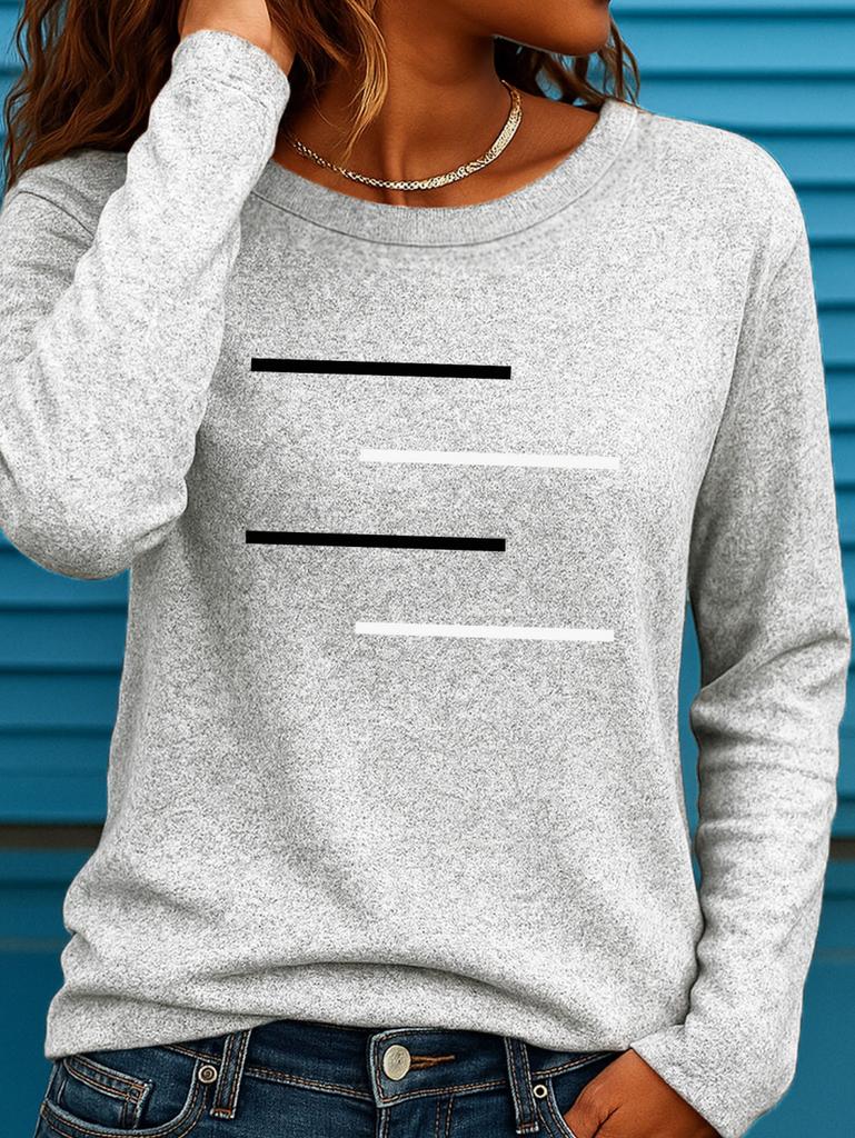 Women's Long Sleeves T-Shirts Casual Loose Black and White Lines Pattern Round Neck Short Sleeved T-Shirt Fall Female Clothing