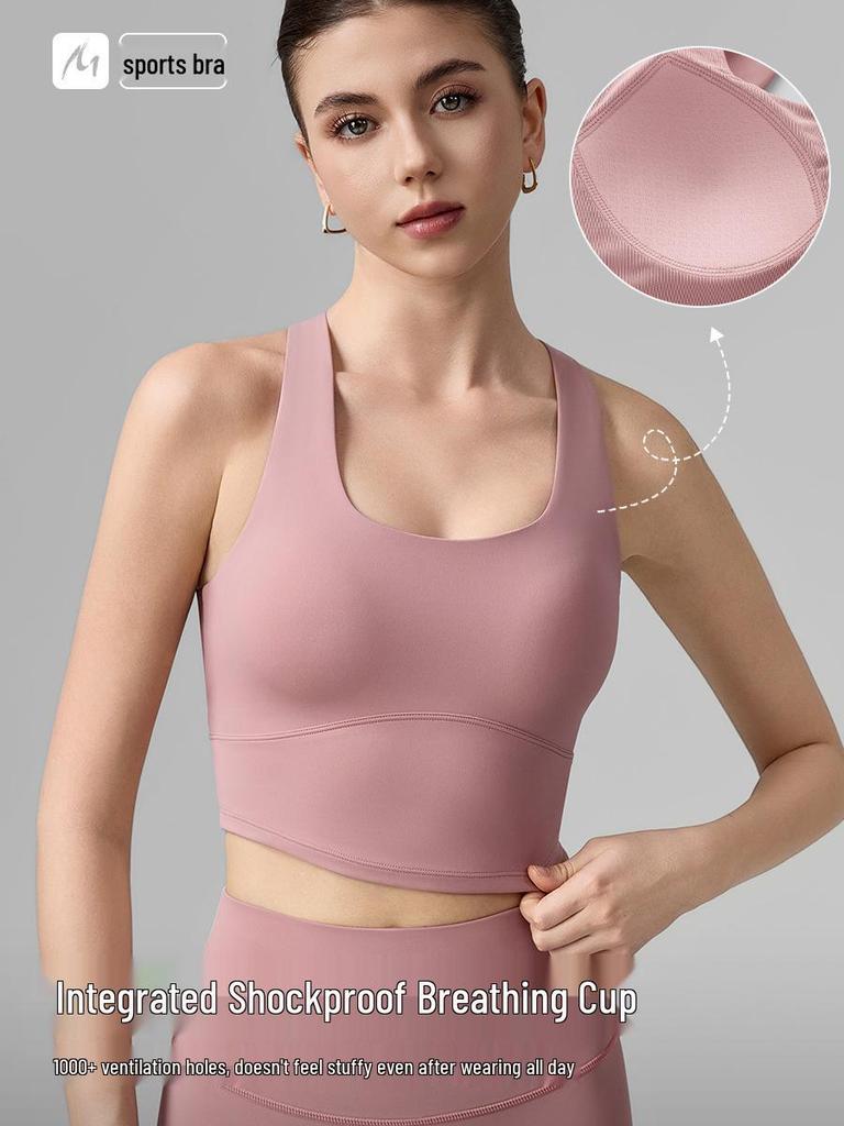Women's Wide-Strap Cross-Over Sports Bra with Side Support, Shock Absorption, Fixed Cups, Hollow Back, Yoga Vest