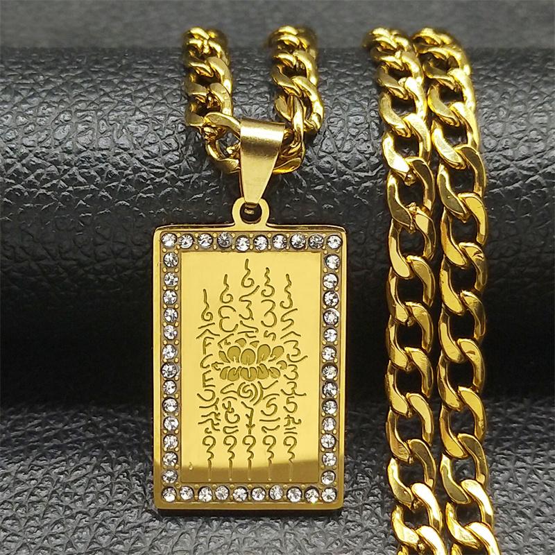 Thailand Schrift Boeddhistische Plaquettes Lotus Hanger Ketting voor Vrouwen Mannen Roestvrij Staal Goudkleurige Medaille Punk Amulet Sieraden