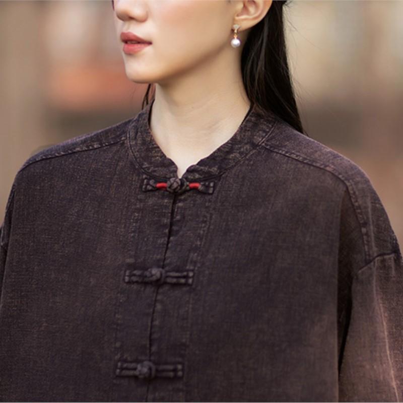 Johnature Women Vintage Shirts Tops Spring Chinese Style Solid Color Stand Long Sleeve Pockets Blouses