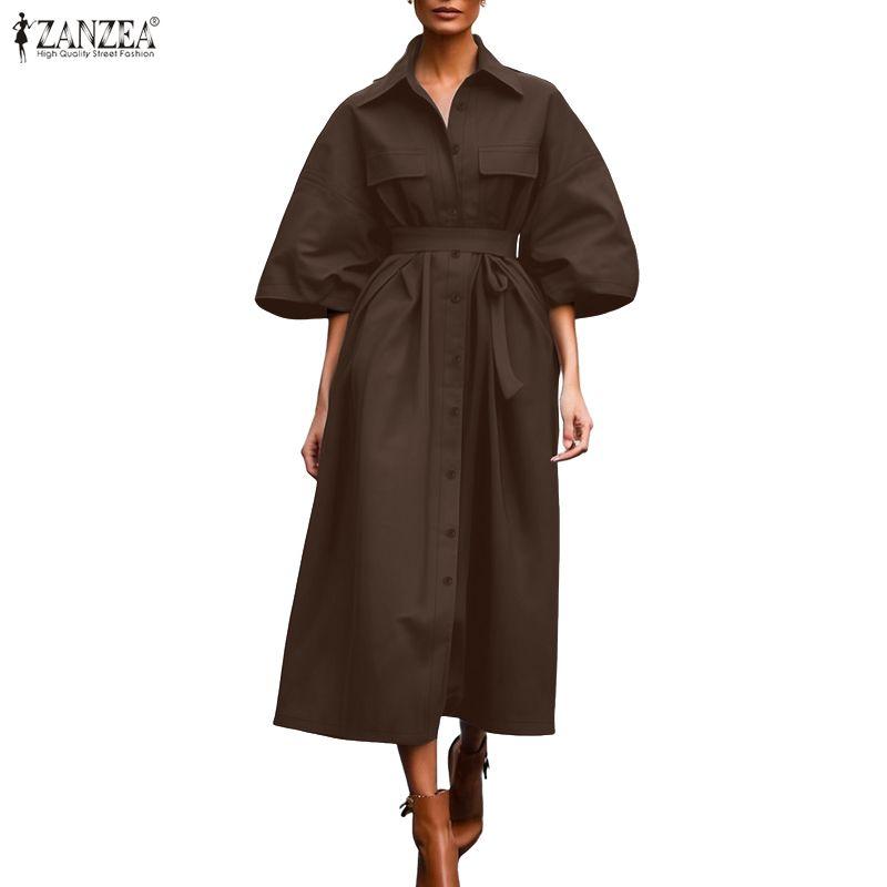 ZANZEA Women Casual Turn Down Collar Loose Half Sleeve Dress