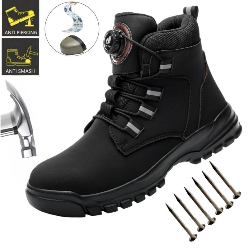 Rotary Buckle Security Boots for Men Work Leahter Non Slip Botas Steel Toe Shoes Safety Puncture-Proof Waterpoof Men Boots