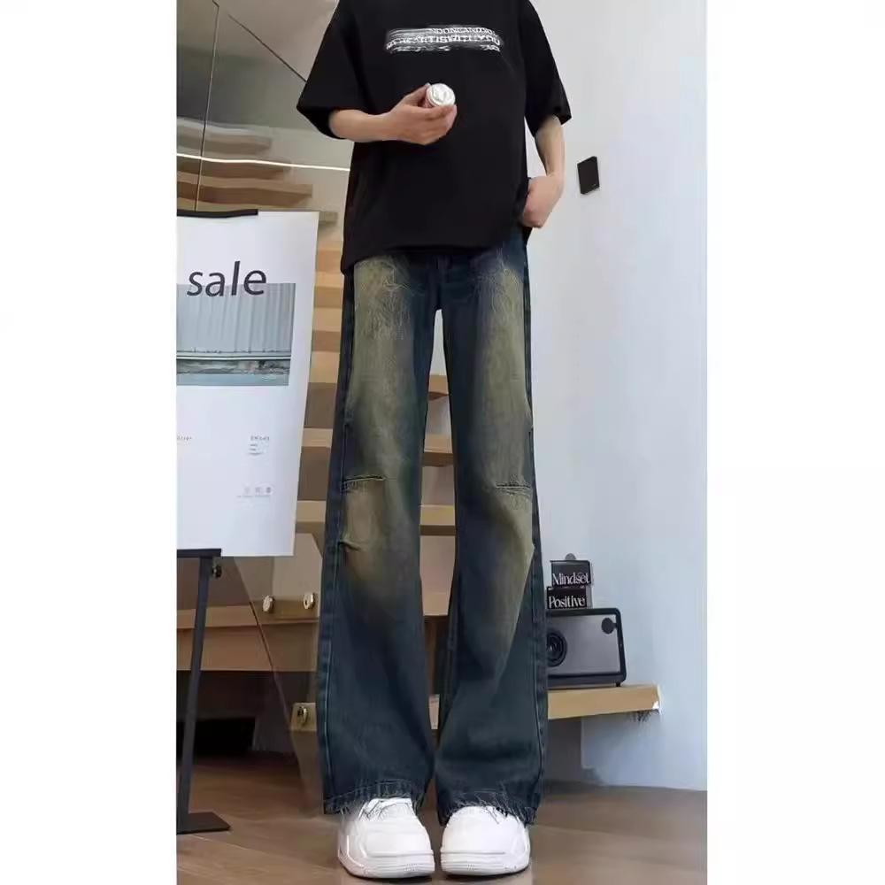 American street washed old jeans men's spring and autumn straight loose European and American high street vibe style long pants