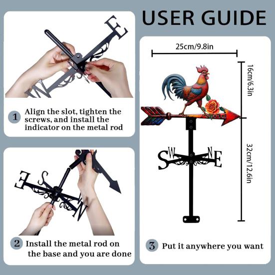 Glatte drehende Wetterfahne Hahnenwetterfahne, Metalltierfahne, Dachmontage Hahn Windrichtungsanzeiger für Außen Garten, Terrasse, Bauernhaus,