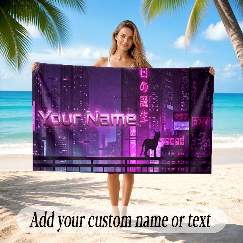 City Cyberpunk Theme Soft Beach Towel Personalized Custom Name Text Towel Portable for Beach Pool Travel