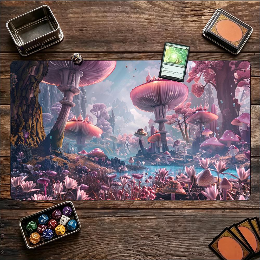 Magical Enchanted Mushroom Forest Large Game Playmat Non Slip Rubber Table Mat Stitched Edge For Card Game Laptop Gaming
