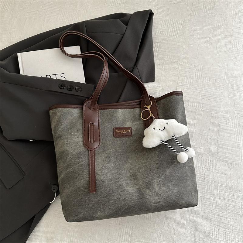 Retro Large-capacity Tote Bag Women's 2025 New Fashion Texture Shoulder Bag Simple Work Commuter Bag Splicing