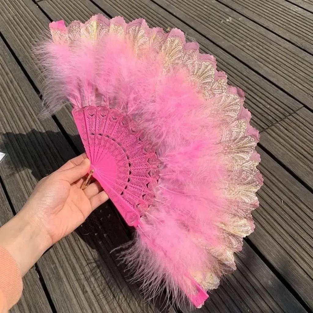 Lolita Feather Folding Fan Japanese Girl Gothic Court Dance Hand Fan with Pendant Gift Wedding Party Decoration