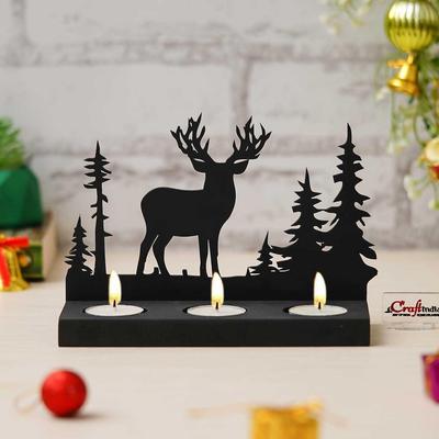 Wooden Reindeer Christmas Tree Decorative Tea Light Candle Holders(Black)| Diwali Christmas Decoration Items