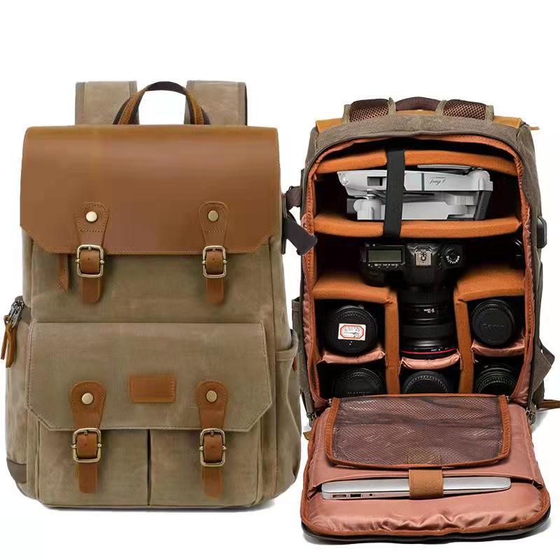 Professional Waterproof Waxed Canvas DSLR Camera Backpack USB Charging Por Large High-End Camera Bag Backpack Camera Drone Backpack