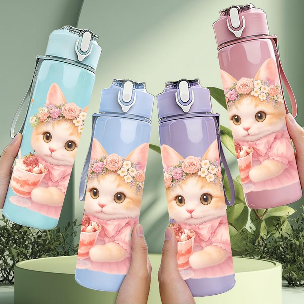 1PC Kitten Wear Pink Bow Cute Cartoon Print 750ml Color Plastic Sports Water Bottle Leakproof Flip Straw Lid Suitable for Sports Office Home Use